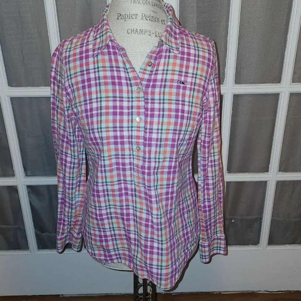 Vineyard Vines Womens Fall Halloween Colors Plaid Long Sleeve Shirt 8
